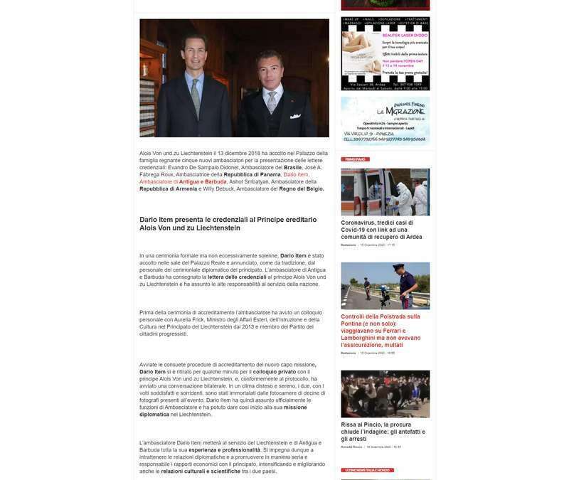 Il Principe del Liechtenstein riceve l’Ambasciatore Dario Item