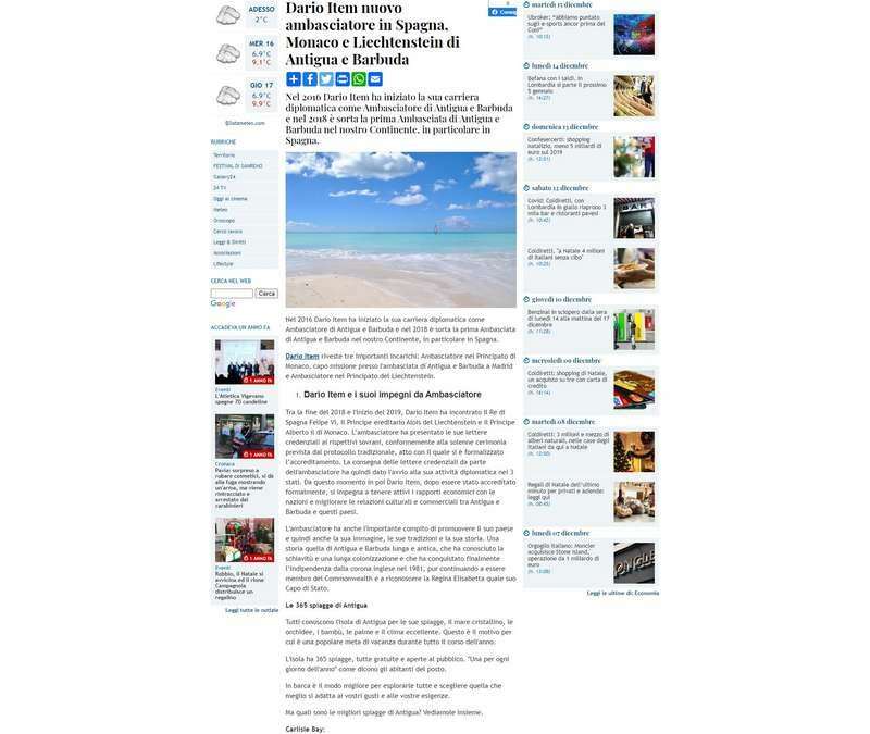 Dario Item nuovo ambasciatore in Spagna, Monaco e Liechtenstein di Antigua e Barbuda