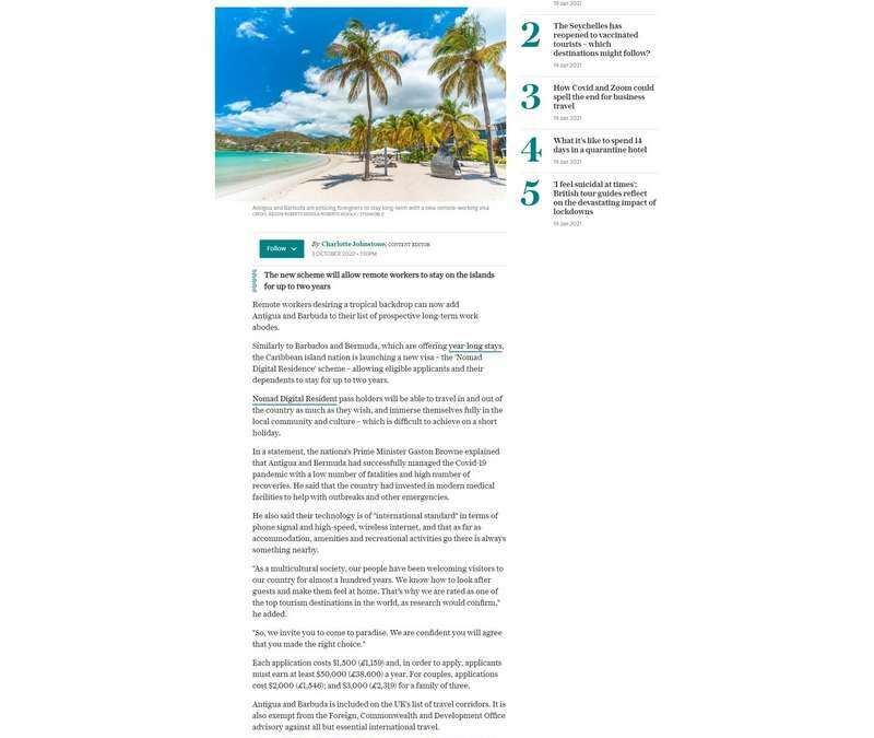 Antigua becomes the latest island paradise to lure ‘digital nomads’