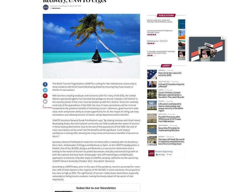 Vaccinate SIDS to Restart Tourism Kickstart Recovery, UNWTO Urges