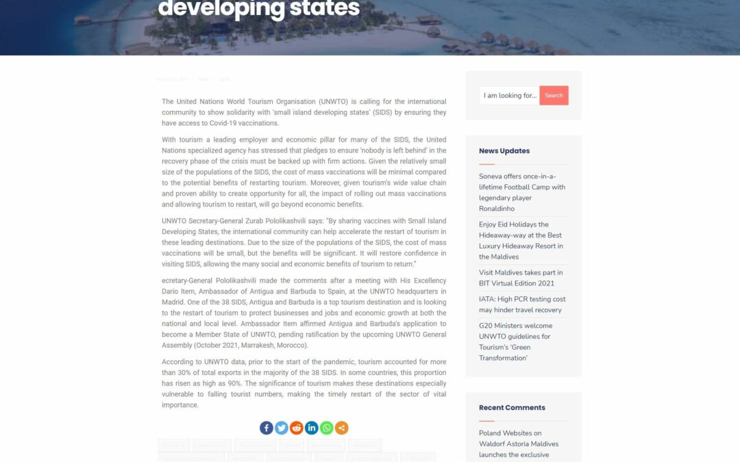 UNWTO calls on International community to support small island developing states