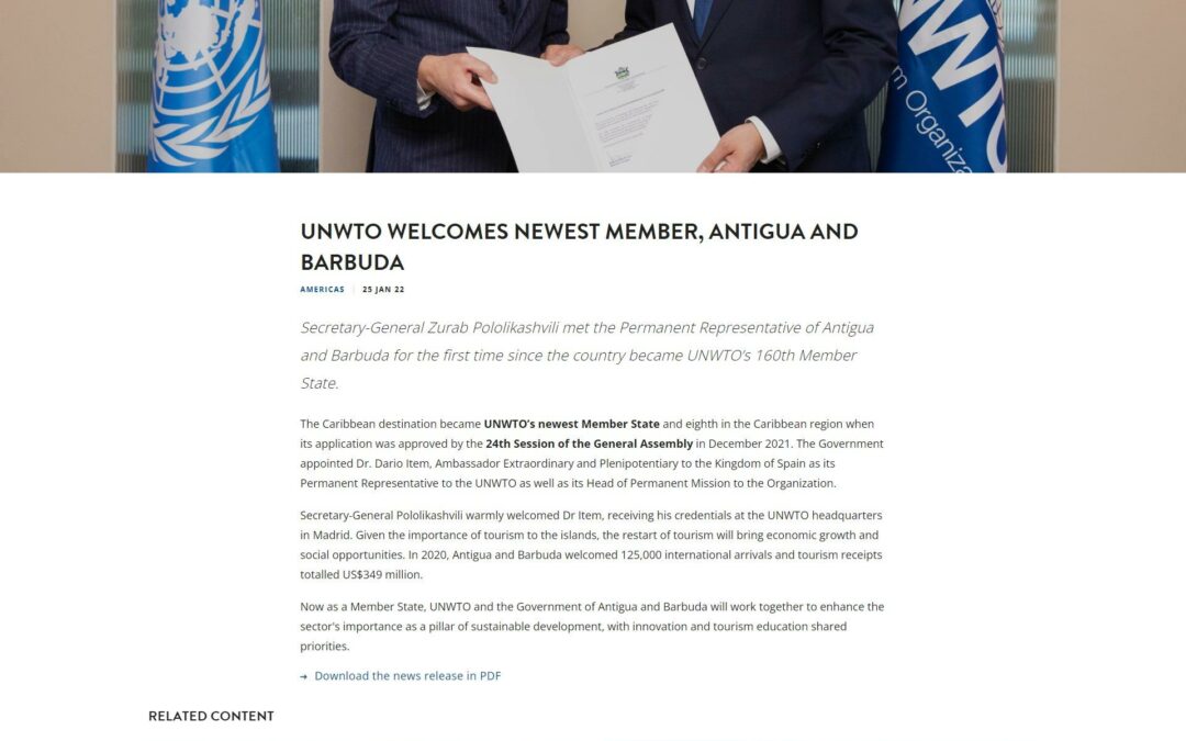 UNWTO Welcomes Newest Member, Antigua and Barbuda