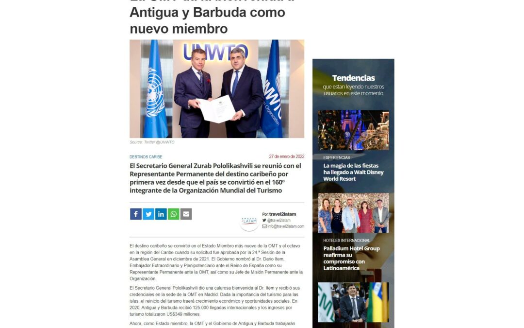 La OMT da la bienvenida a Antigua y Barbuda como nuevo miembro