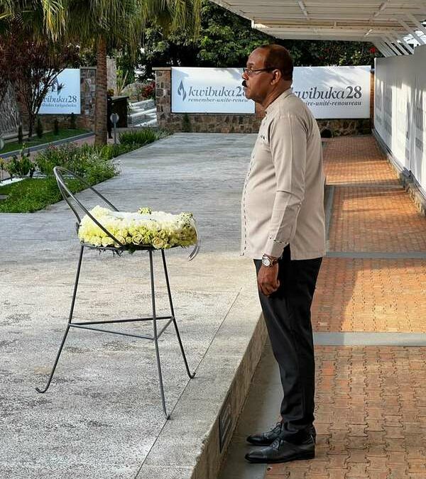 Prime Minister Browne lays wreath at the kigali genocide memorial