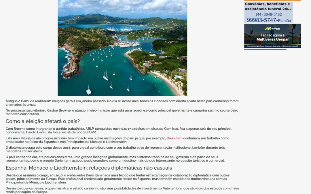Dario Item continua como embaixador de Antígua e Barbuda após as eleições gerais no país caribenho