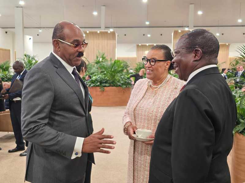 Prime Minister Gaston Browne with the Prime Minister of Tanzania, HE Kassim Majaliwa and former Commonwealth Secretary General Baroness Scotland at COP29